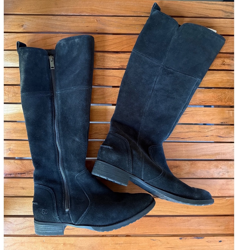 UGG Sorensen Waterproof Suede Tall Boots Womens 7.5 Black Knee High Lug Sole